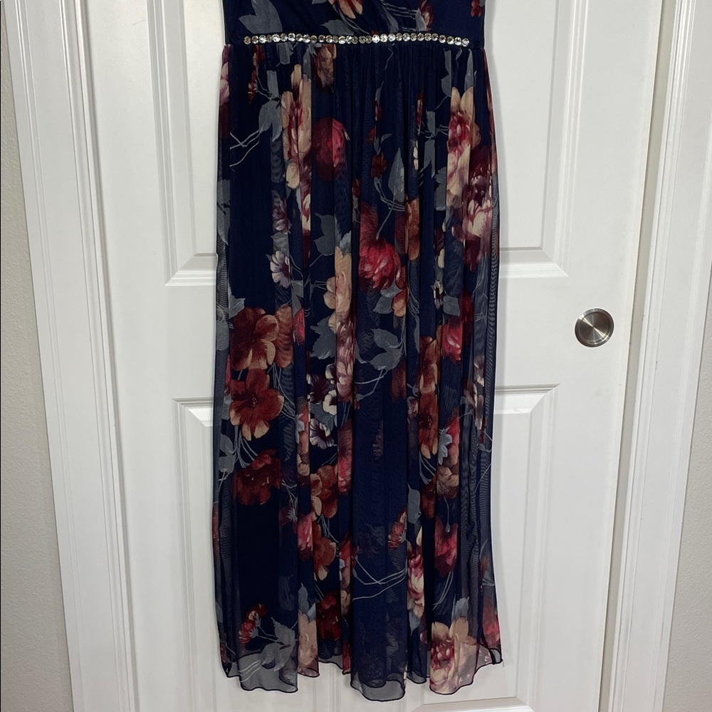 Alexa B Nites Maxi Dress Size 6 V Neck Floral Sleeveless Mesh Embellished Blue - Picture 4 of 15